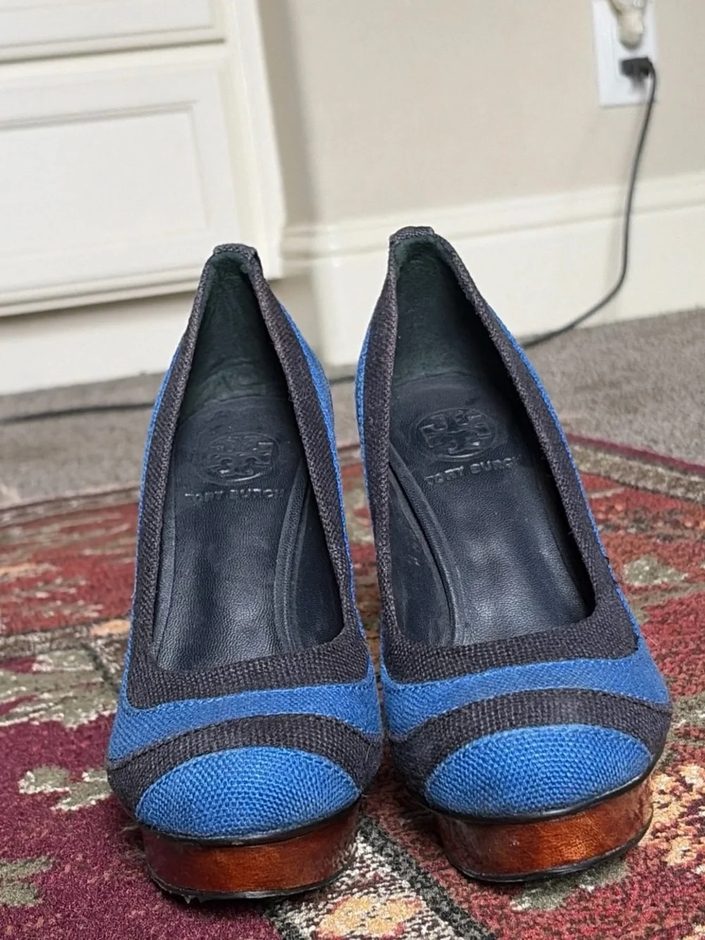 Tory Burch Blue and Navy Canvas Block Heel Pumps with Gold Logo